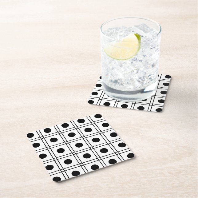 Polka Dot Circle Black and White Check Pattern Square Paper Coaster (Insitu)