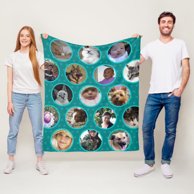 Polka Dot Collage Teal Blue Pets Kids 17 Photo Fleece Blanket (In Situ)