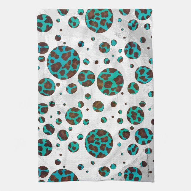 Polka Dot Cow Brown and Teal Print Tea Towel (Vertical)