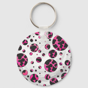 Polka Dot Cow Hot Pink and Black Print Key Ring