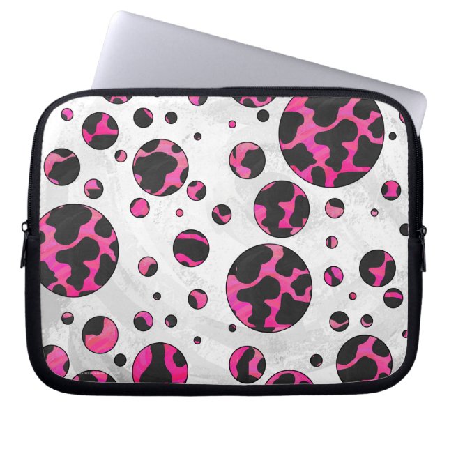 Polka Dot Cow Hot Pink and Black Print Laptop Sleeve (Front)