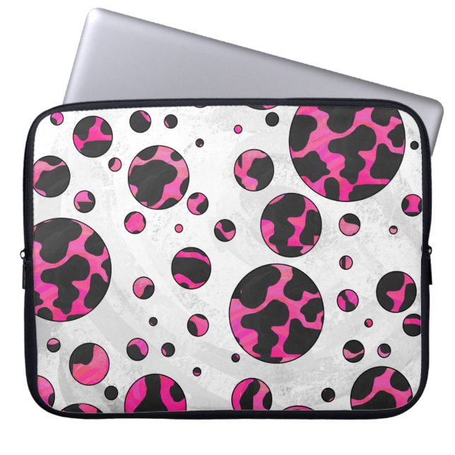 Polka Dot Cow Hot Pink and Black Print Laptop Sleeve (Front)