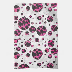 Polka Dot Cow Hot Pink and Black Print Tea Towel