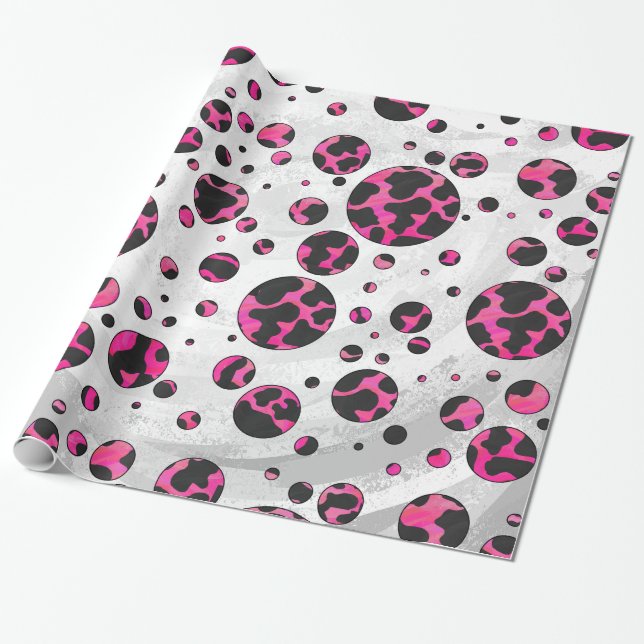 Polka Dot Cow Hot Pink and Black Print Wrapping Paper (Unrolled)