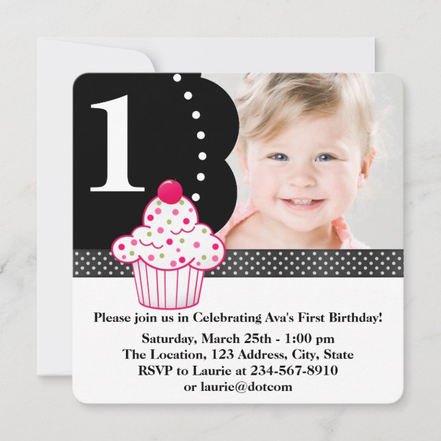 Polka Dot Cupcake Girls Photo 1st Birthday Party Invitation (Front)