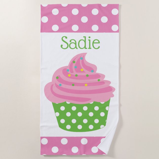 Polka Dot Cupcake Personalised Beach Towel (Front)
