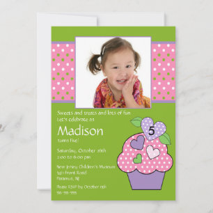 Polka Dot Cupcake Photo 6th Birthday Invitation