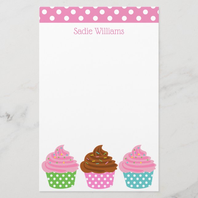 Polka Dot Cupcakes Personalised Stationery (Front)