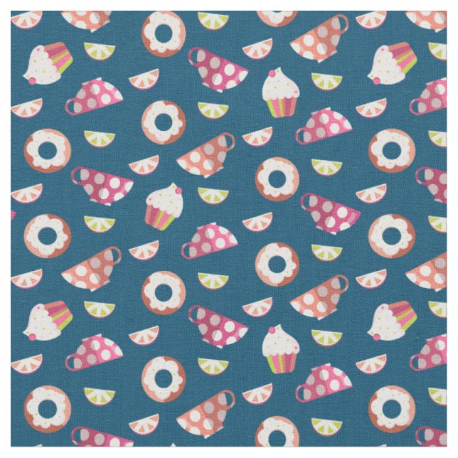 Polka Dot Cups Cakes Doughnuts Lemons Grapefruits Fabric (Close Up)