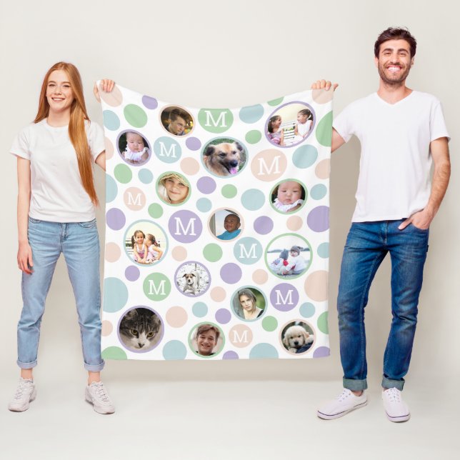 Polka Dot Cute Pastels Monogram 14 Photo Collage Fleece Blanket (In Situ)