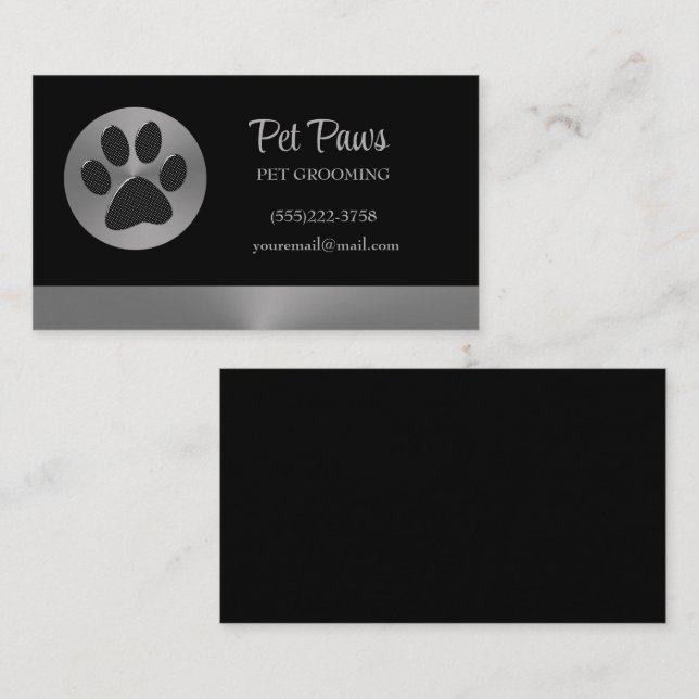 Polka Dot Dog Paw on Silver Pet Grooming Service  Business Card (Front/Back)