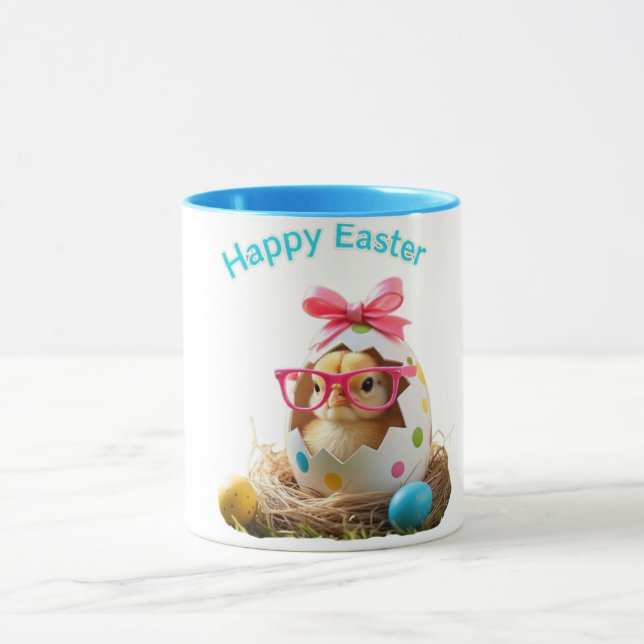 Polka Dot Egg Chick with Glasses Happy Easter Mug (Center)