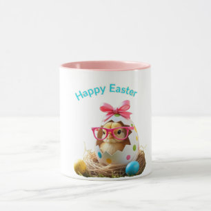 Polka Dot Egg Chick with Glasses Happy Easter Mug