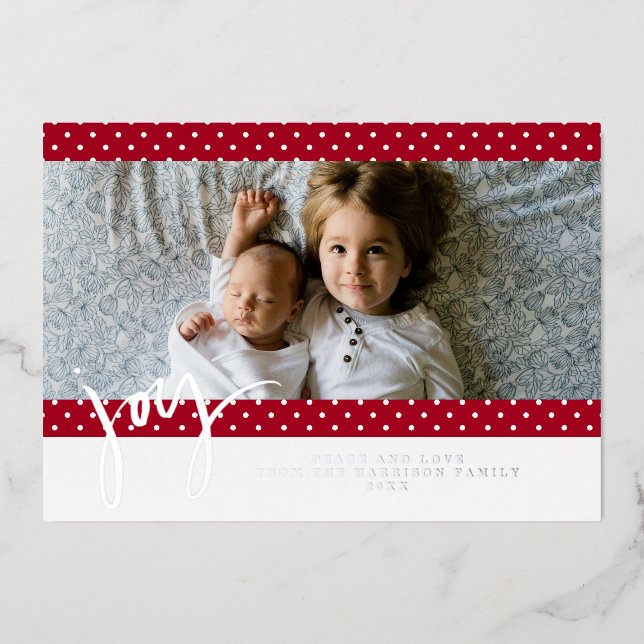 Polka Dot Farmhouse Red White Christmas Photo Foil Holiday Card (Front)