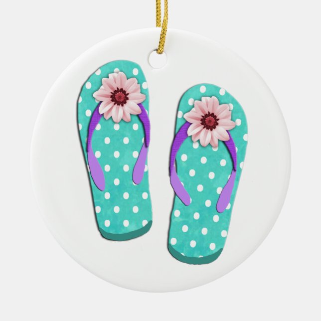 Polka Dot Flip Flops Ceramic Tree Decoration (Front)