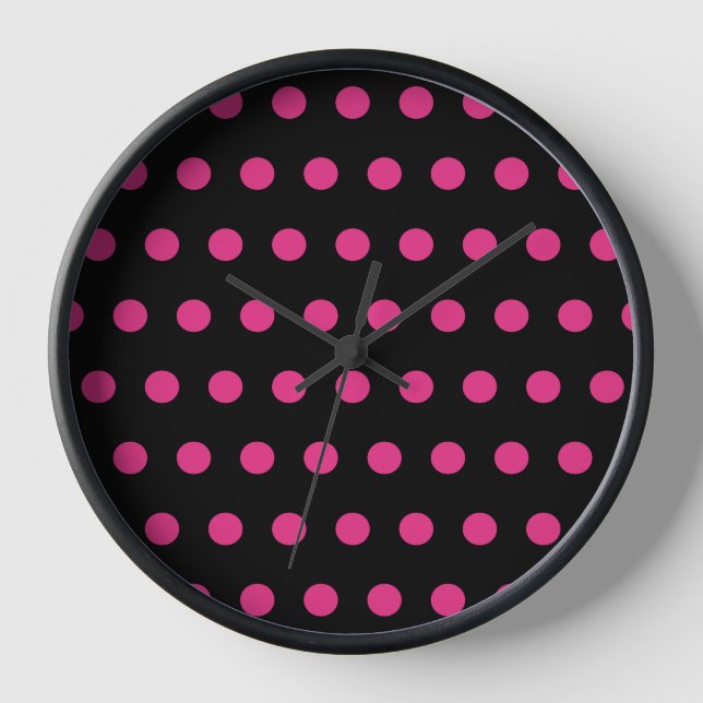 Polka Dot Framed Wall Clock (Black & Neon Pink) (Front)