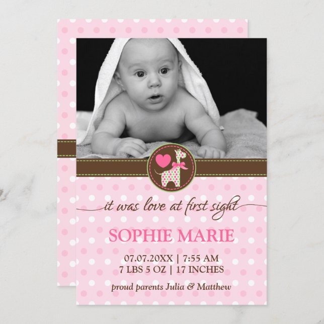 Polka Dot Giraffe Baby Photo Birth Announcement (Front/Back)