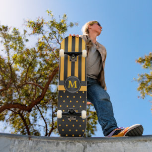 Polka Dot Golden Yellow and Black Stripes Skateboard