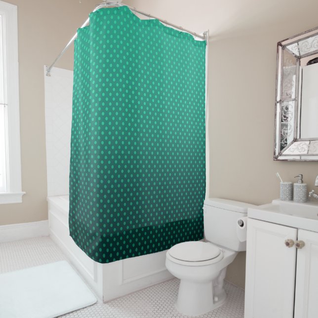 Polka dot gradient green black colours dark print shower curtain (In Situ)