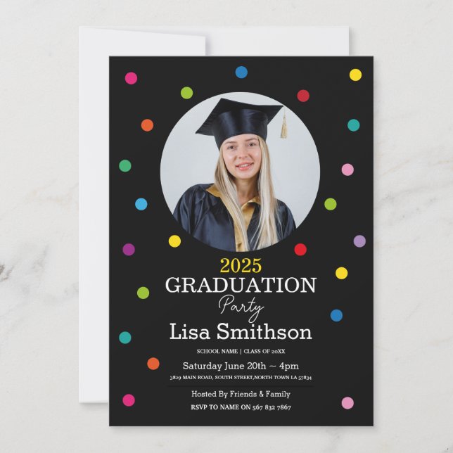 Polka Dot Graduation Confetti Colourful Party Invitation (Front)