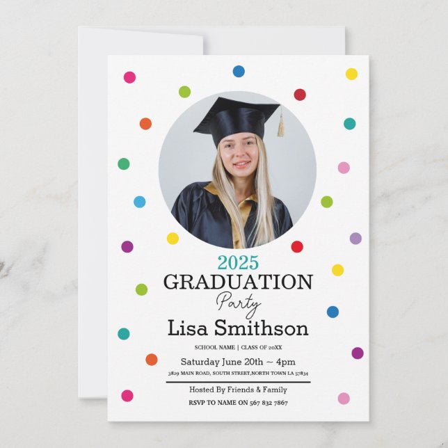 Polka Dot Graduation Confetti Colourful Party Invitation (Front)