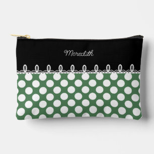 Polka dot green and black with custom name accessory pouch