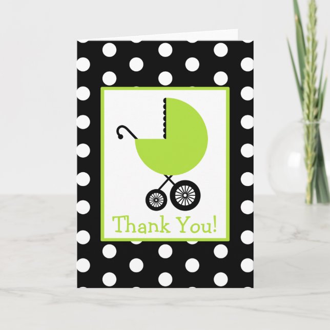 Polka Dot & Green Carriage Baby Shower Thank You (Front)