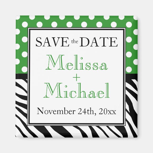 Polka Dot Green Zebra Print Save the Date Magnet (Front)