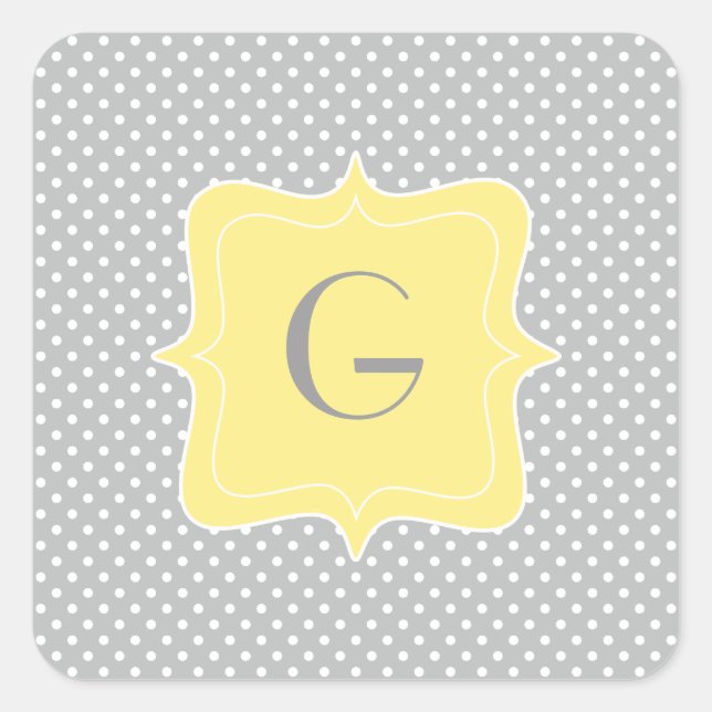 Polka Dot Grey and Yellow Monogram Square Sticker (Front)