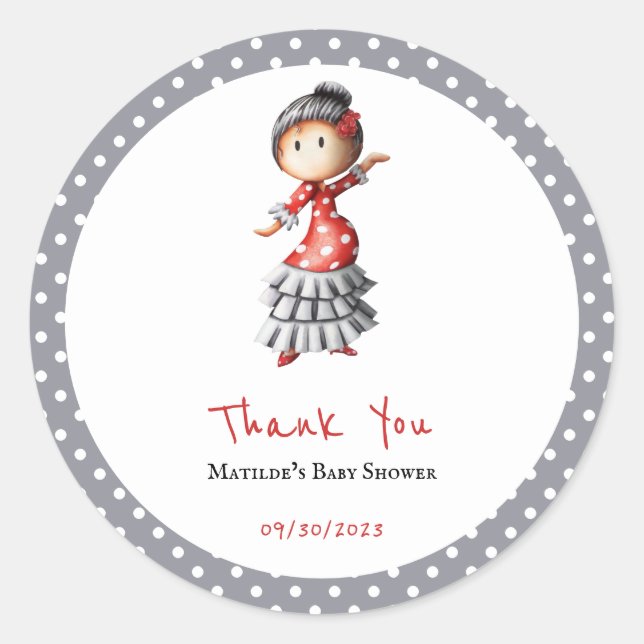 Polka Dot Grey White Flamenco Sevillana Dancer Classic Round Sticker (Front)