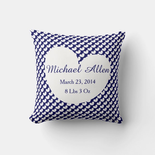 Polka Dot Hearts Personalise w Baby's Info (navy) Cushion (Front)