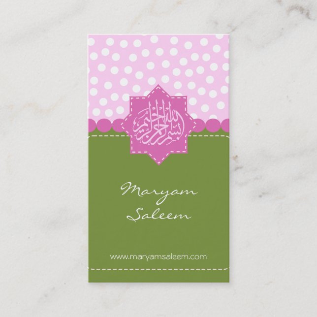 Polka dot Islam Bismillah green pink Arabic Business Card (Front)