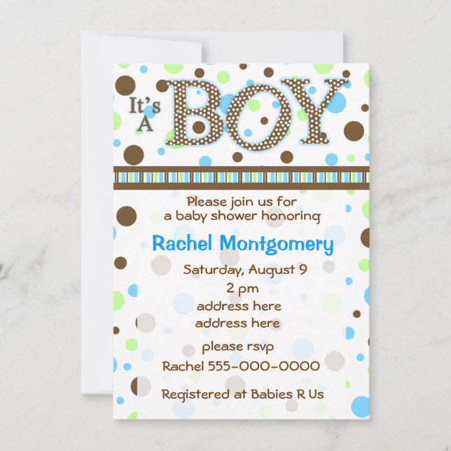 Polka dot its a boy baby shower invitation (Front)