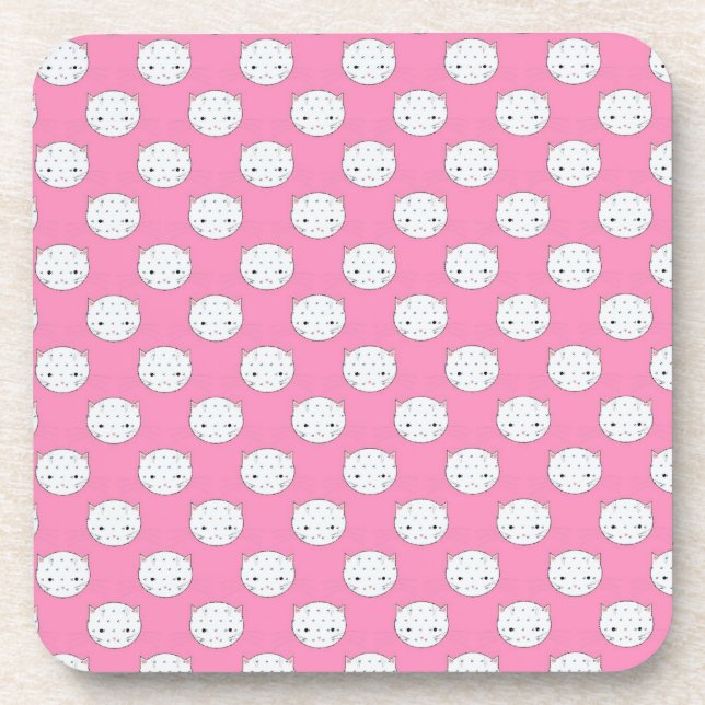 Polka Dot Kitty Pink and White Cat Face Pattern Coaster (Front)