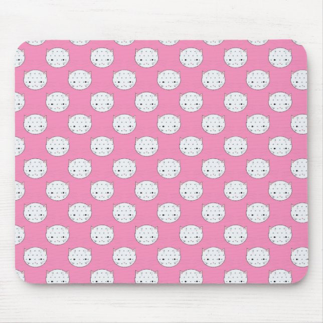 Polka Dot Kitty Pink and White Cat Face Pattern Mouse Mat (Front)