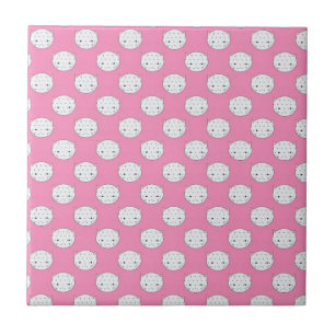 Polka Dot Kitty Pink and White Cat Face Pattern Tile