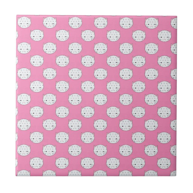 Polka Dot Kitty Pink and White Cat Face Pattern Tile (Front)