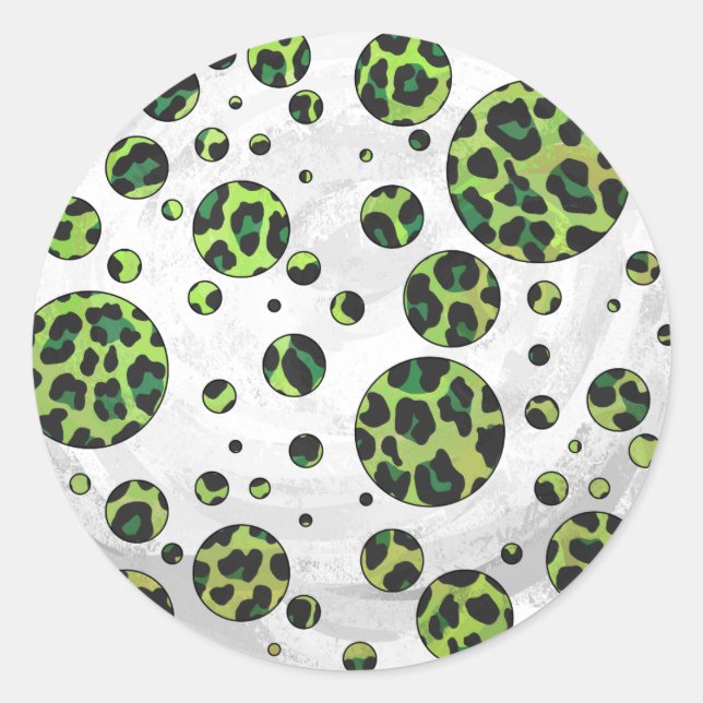 Polka Dot Leopard Black and Green Classic Round Sticker (Front)