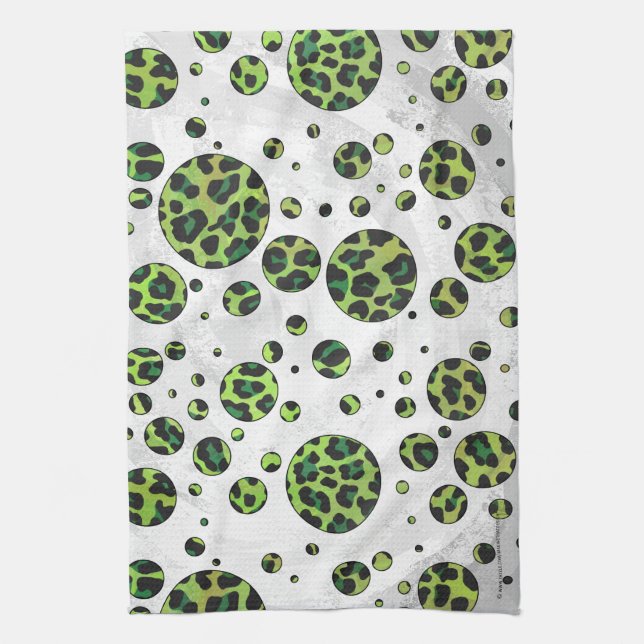 Polka Dot Leopard Black and Green Tea Towel (Vertical)