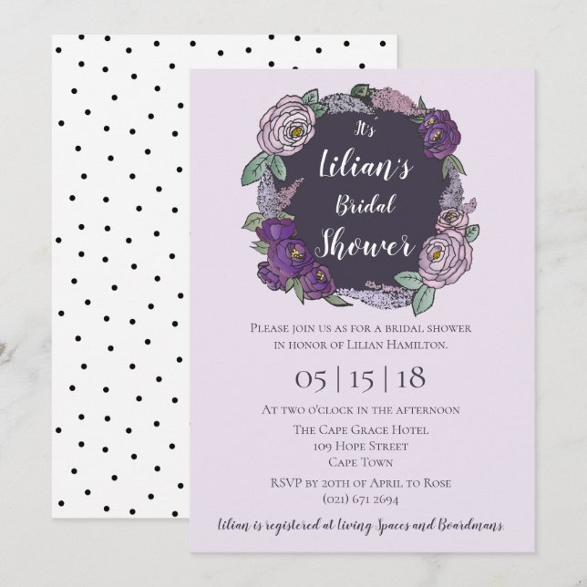 Polka Dot Lilac & Lavender Floral Bridal Shower Invitation (Front/Back)