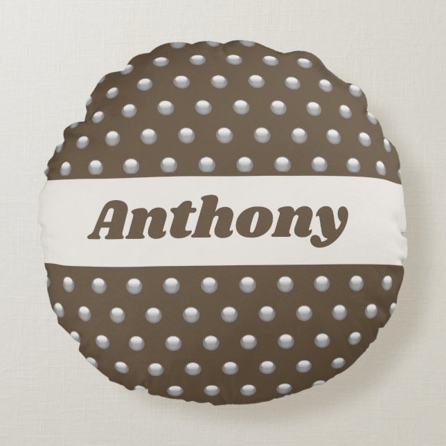 Polka Dot Metallic Silver and Dark Brown Spotted Round Cushion (Front)