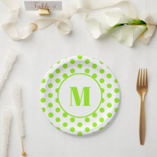 Polka Dot Monogram Initial Lime Green on White Paper Plate