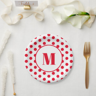 Polka Dot Monogram Initial Red Dots on White Paper Plate