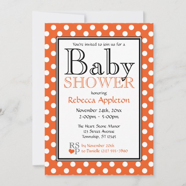 Polka Dot Orange Baby Shower Invitations (Front)