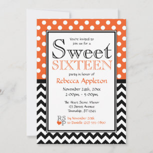 Polka Dot Orange Chevron Sweet Sixteen Invitations