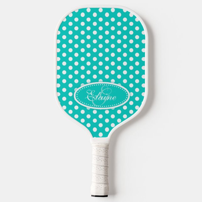 Polka dot pattern aqua name inital  pickleball paddle (Back)