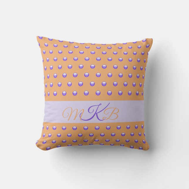 Polka Dot Pattern Blue Peach Monogram Decorative Cushion (Front)