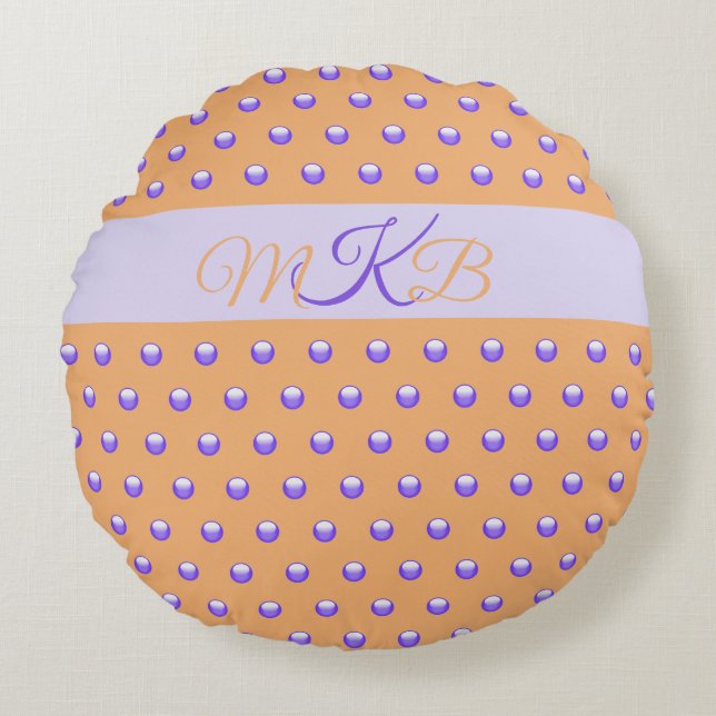 Polka Dot Pattern Blue Peach Spot Monogram Nursery Round Cushion (Front)