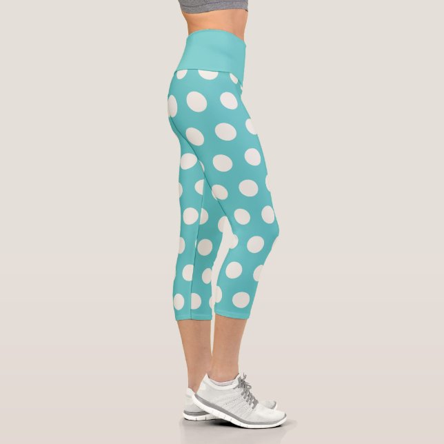 Polka Dot Pattern Blue Teal White Geometric Circle Capri Leggings (Right)