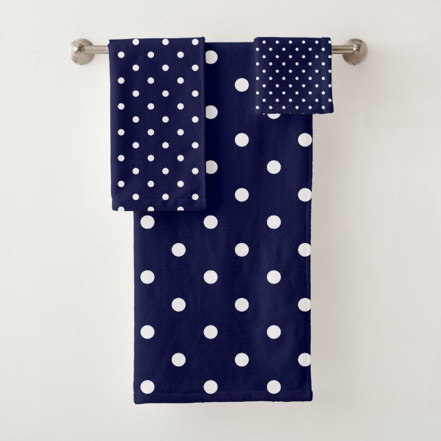 Polka Dot Pattern Elegant Navy Blue And White Bath Towel Set (Insitu)